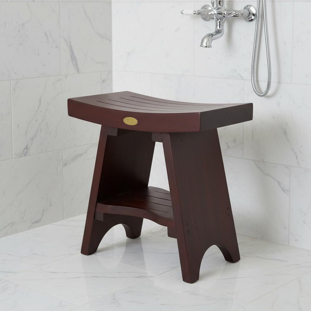 Compact Curviliniear Teak Shower Outdoor Bench With Shelf In Brown Finish