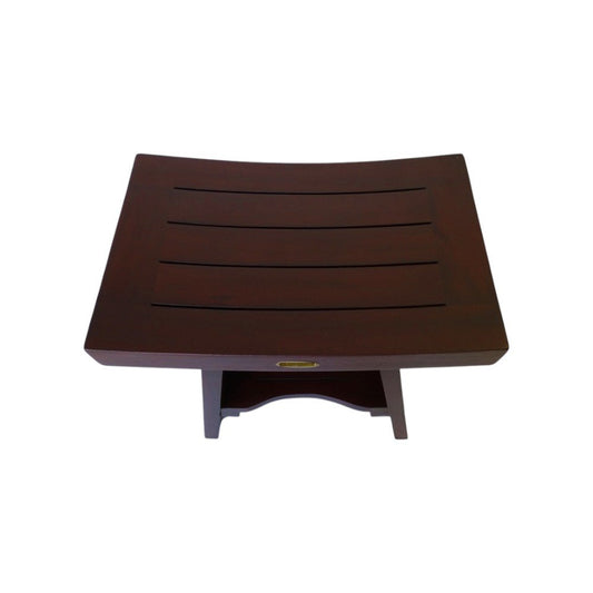 Compact Curviliniear Teak Shower Outdoor Bench With Shelf In Brown Finish