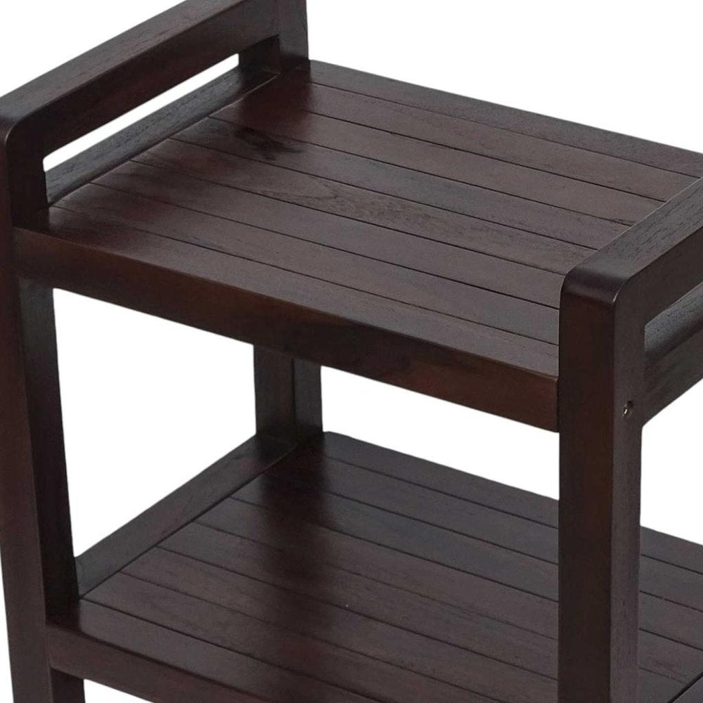 Rectangular Teak Shower Bench With Handles In Brown Finish