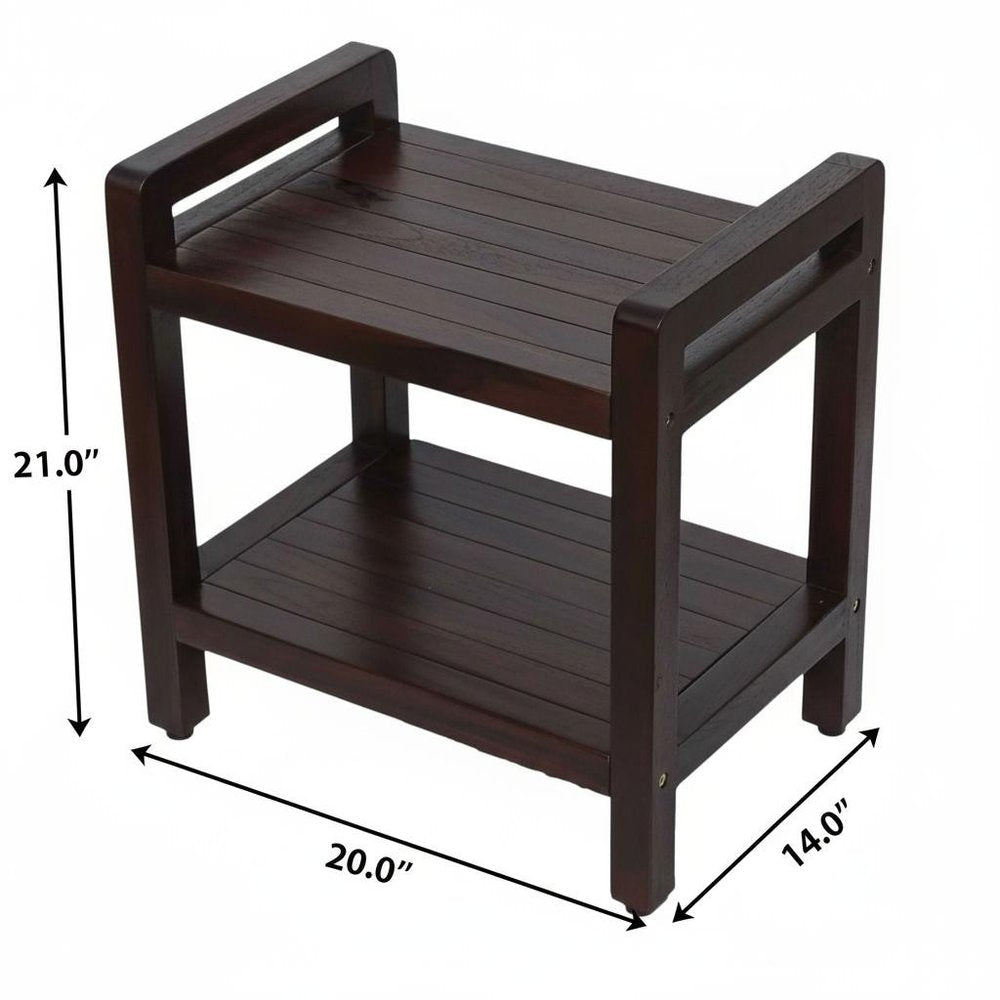 Rectangular Teak Shower Bench With Handles In Brown Finish