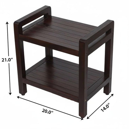 Rectangular Teak Shower Bench With Handles In Brown Finish