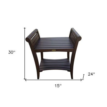 Rectangular Teak Shower Bench With Shelf And Handles In Brown Finish