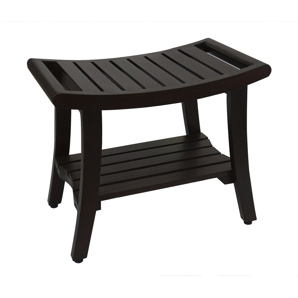 24" Dark Brown Freestanding Teak Shower Bench With Shelf And Handles