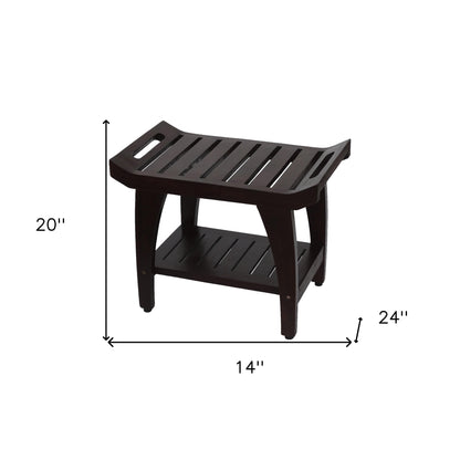 Contemporary Teak Shower Bench With Shelf And Handles In Brown Finish