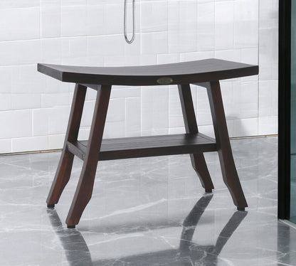 24" Dark Brown Teak Shower Bench With Shelf