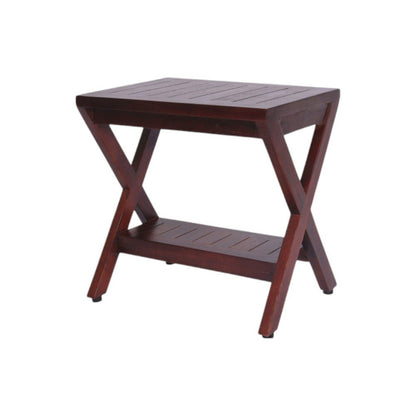 Compact X Shape Teak Shower Outdoor Bench With Shelf In Brown Finish