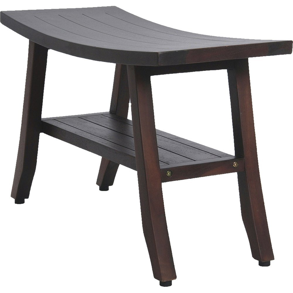 28" Dark Brown Teak Rectangular Shower Bench With Shelf