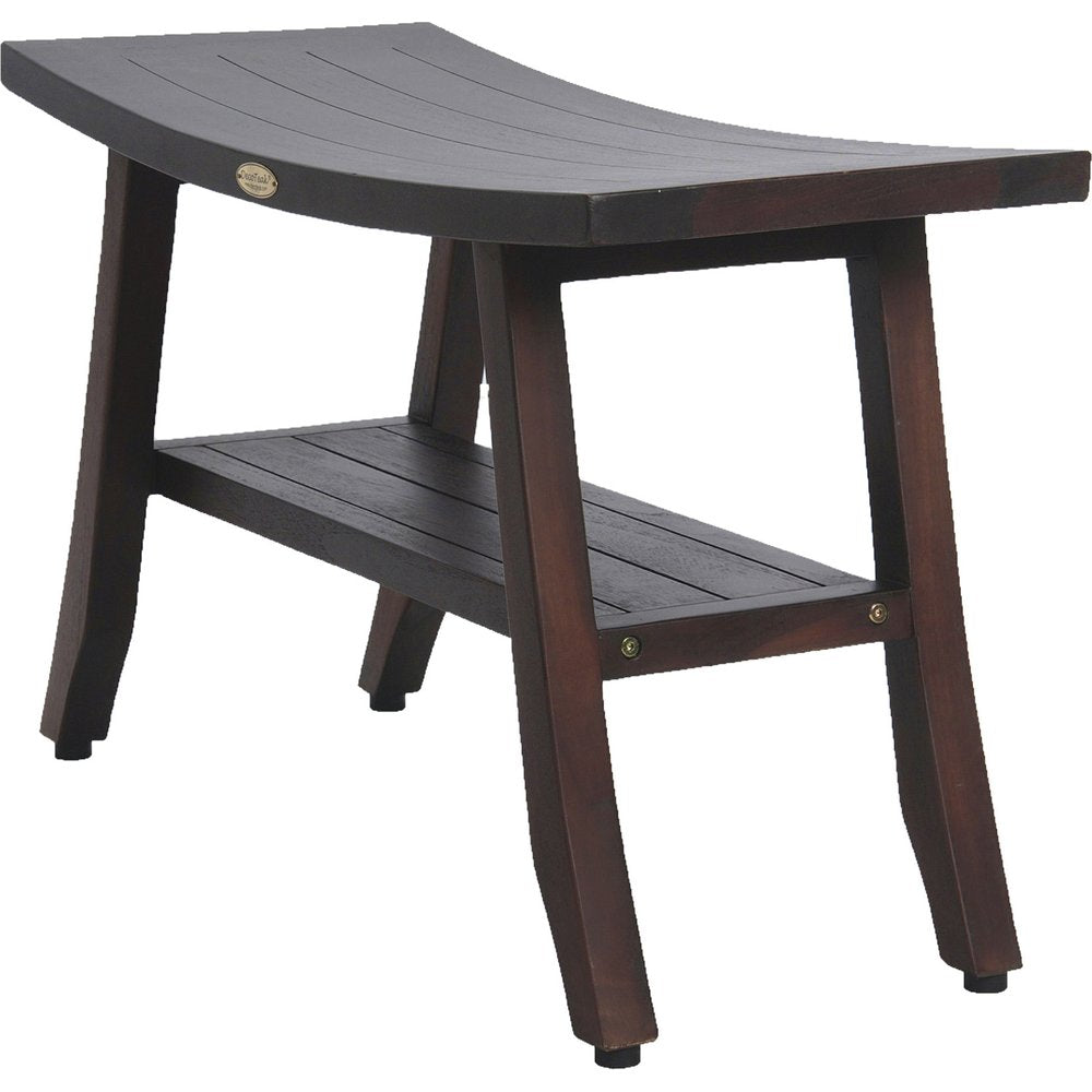28" Dark Brown Teak Rectangular Shower Bench With Shelf