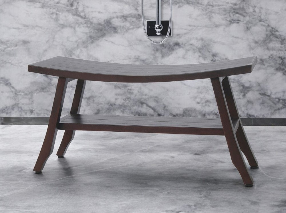 34" Brown Teak Shower Bench With Shelf