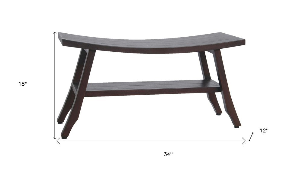 34" Brown Teak Shower Bench With Shelf