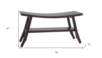 34" Brown Teak Shower Bench With Shelf
