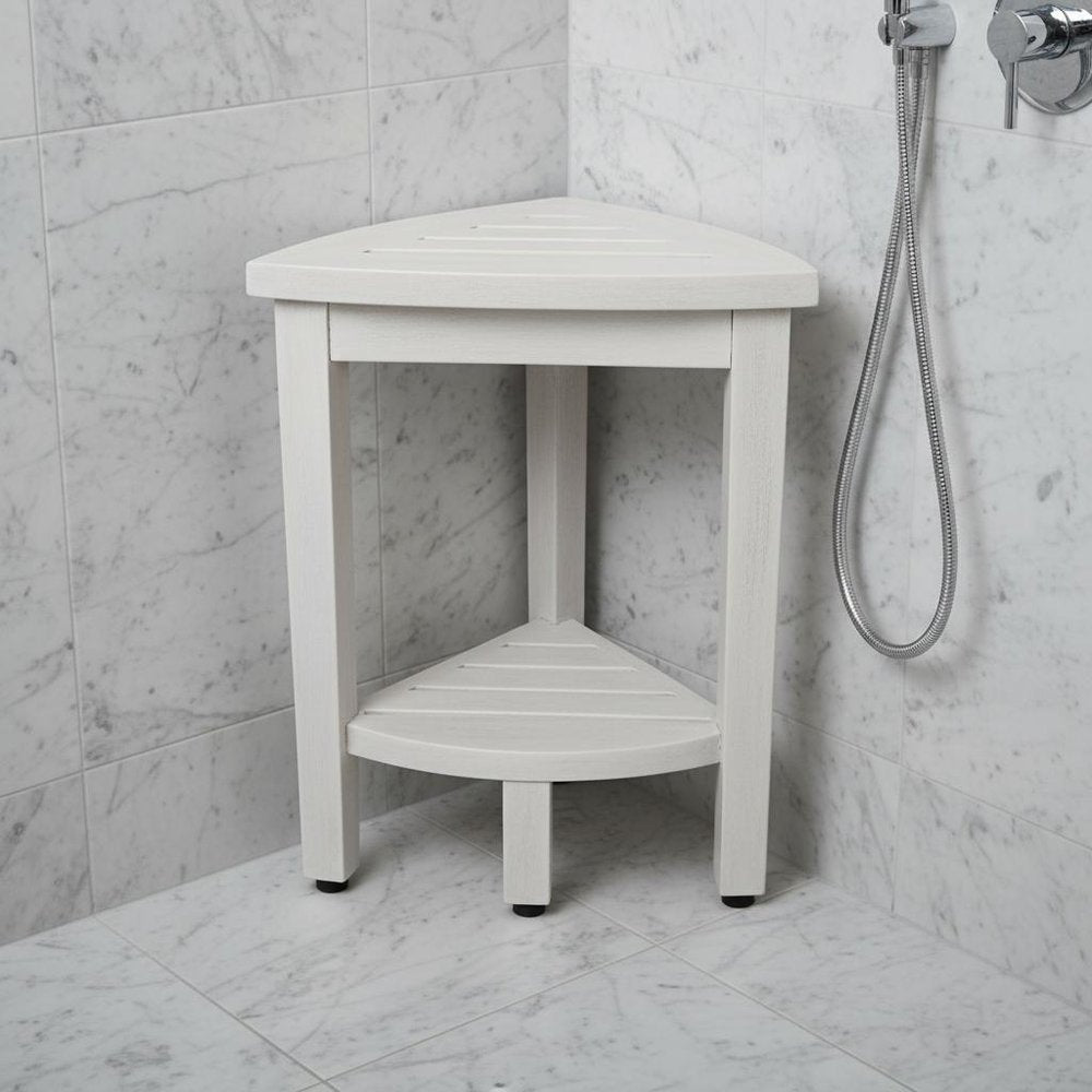 Compact Teak Corner Shower Stool With Shelf In Whitewash Finish