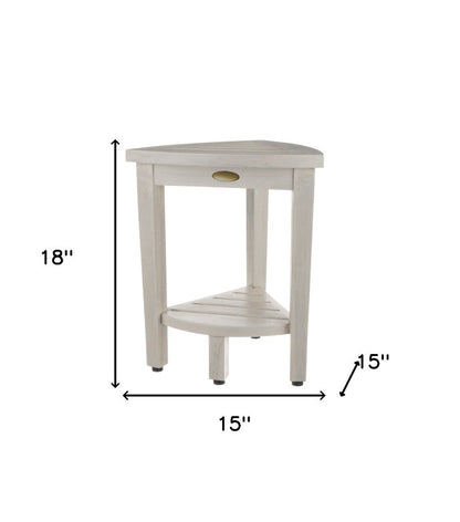 Compact Teak Corner Shower Stool With Shelf In Whitewash Finish
