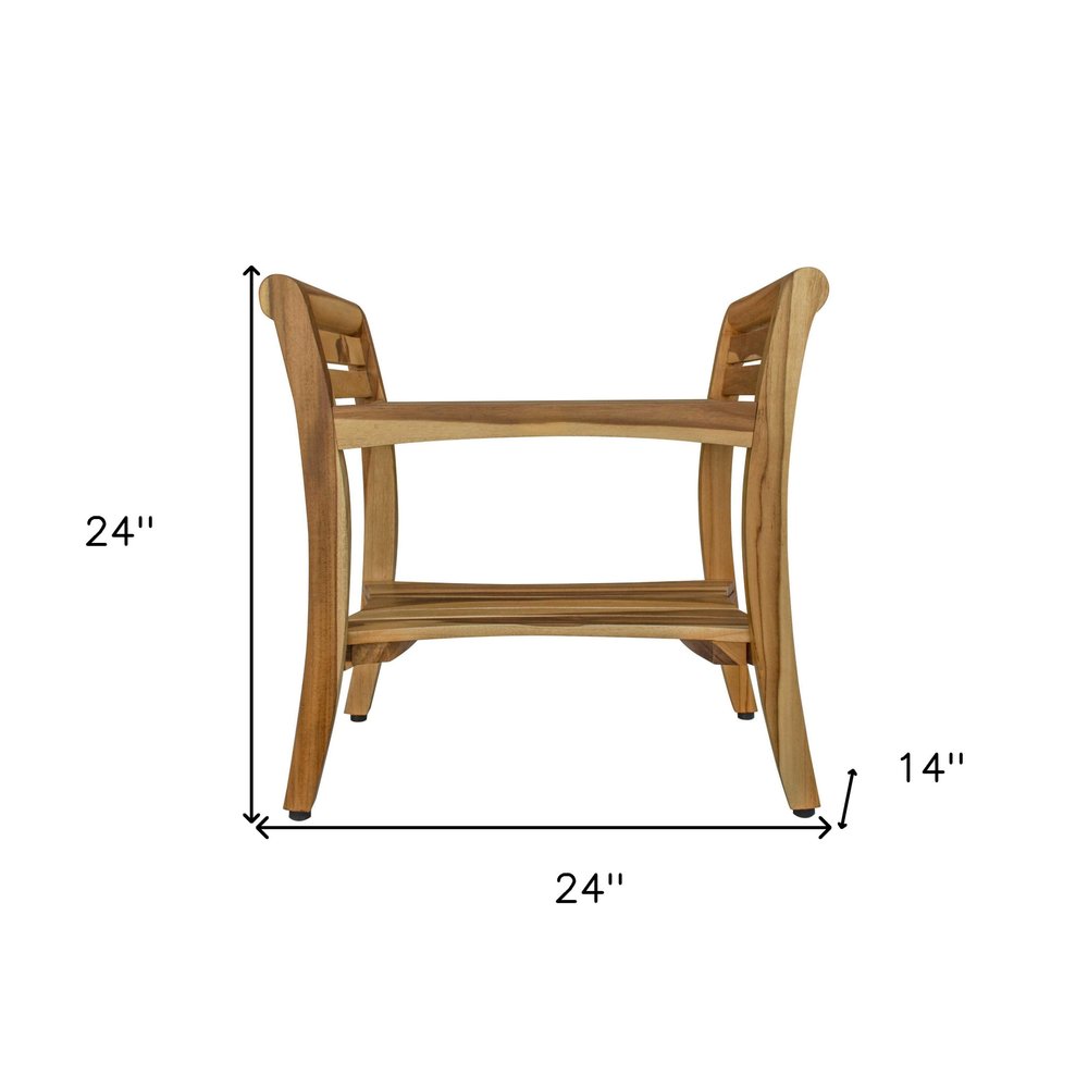 24" Natural Solid Teak Wood Shower Bench With Handles