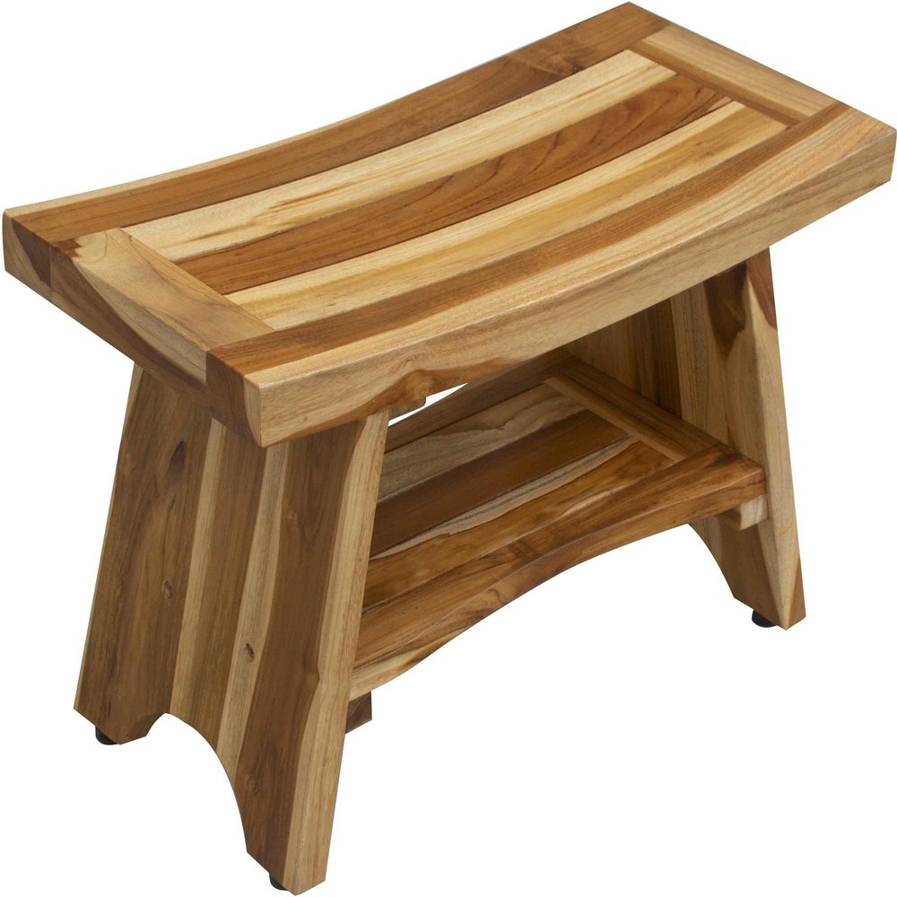 24" Natural Teak Rectangular Shower Bench With Shelf