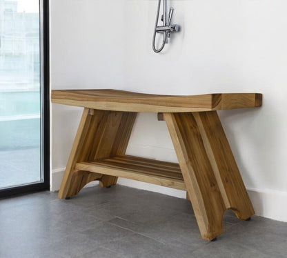 35" Teak Rectangular Shower Outdoor Bench With Shelf In Natural Finish