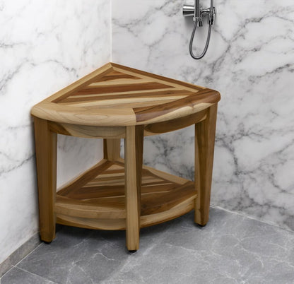 22" Natural Teak Corner Shower Bench With Shelf