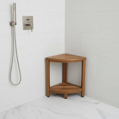 17" Brown Teak Corner Shower Bench With Shelf