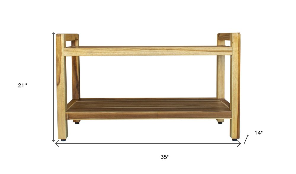 35" Natural Teak Rectangular Shower Bench With Shelf
