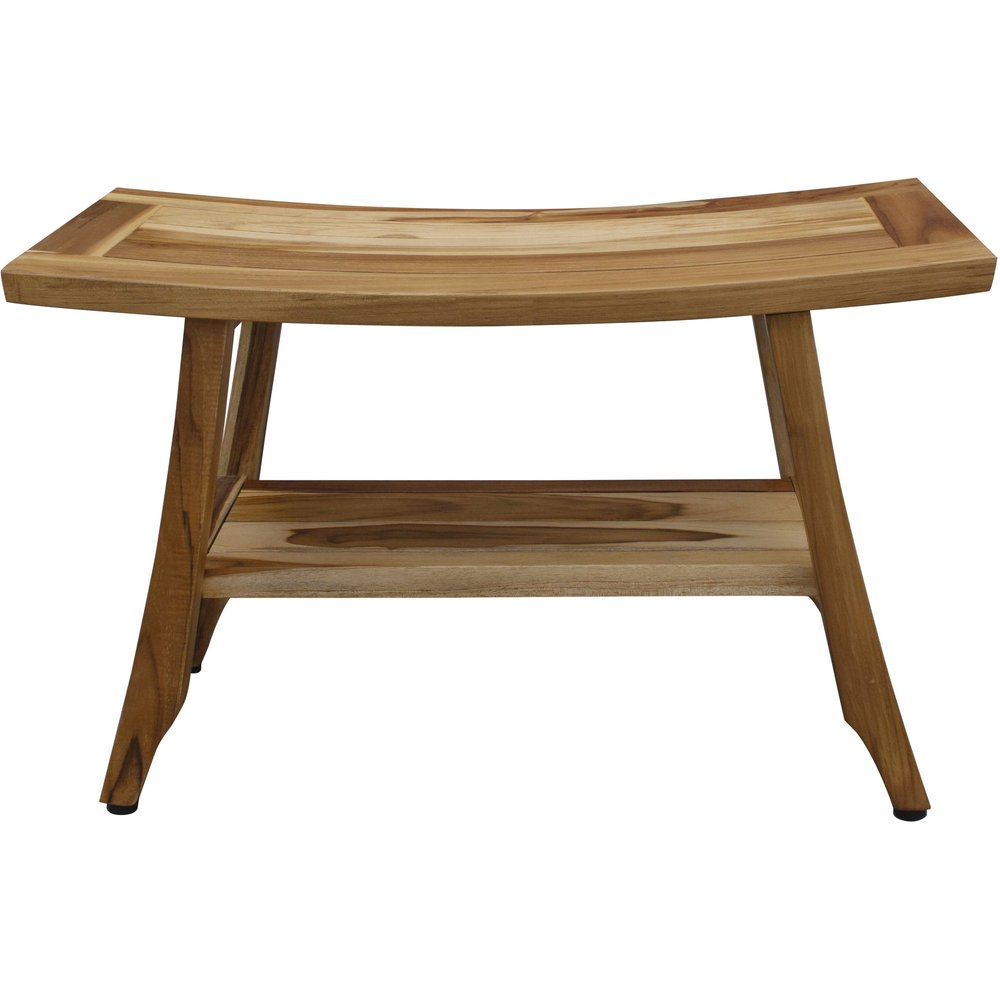 28" Natural Solid Teak Rectangular Shower Bench With Shelf
