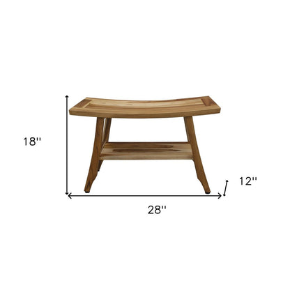 28" Natural Solid Teak Rectangular Shower Bench With Shelf