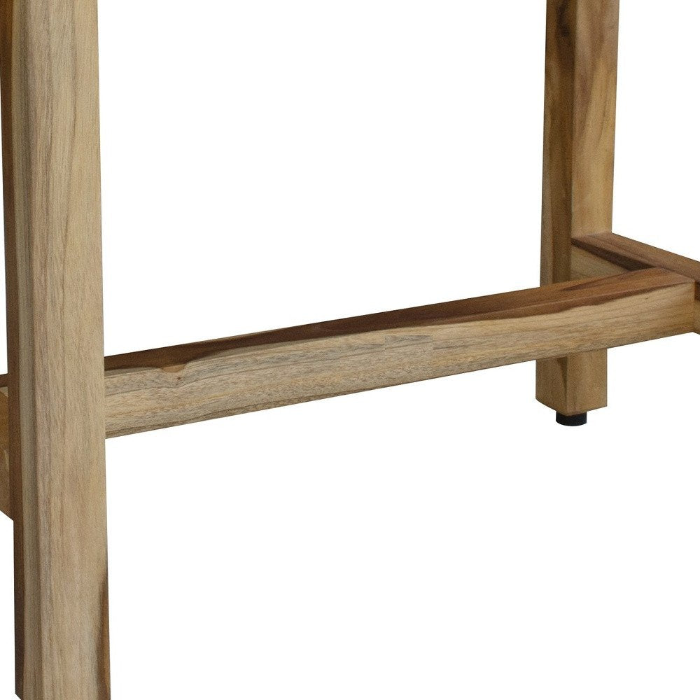 Compact Rectangular Teak Shower  Outdoor Bench With Shelf In Natural Finish