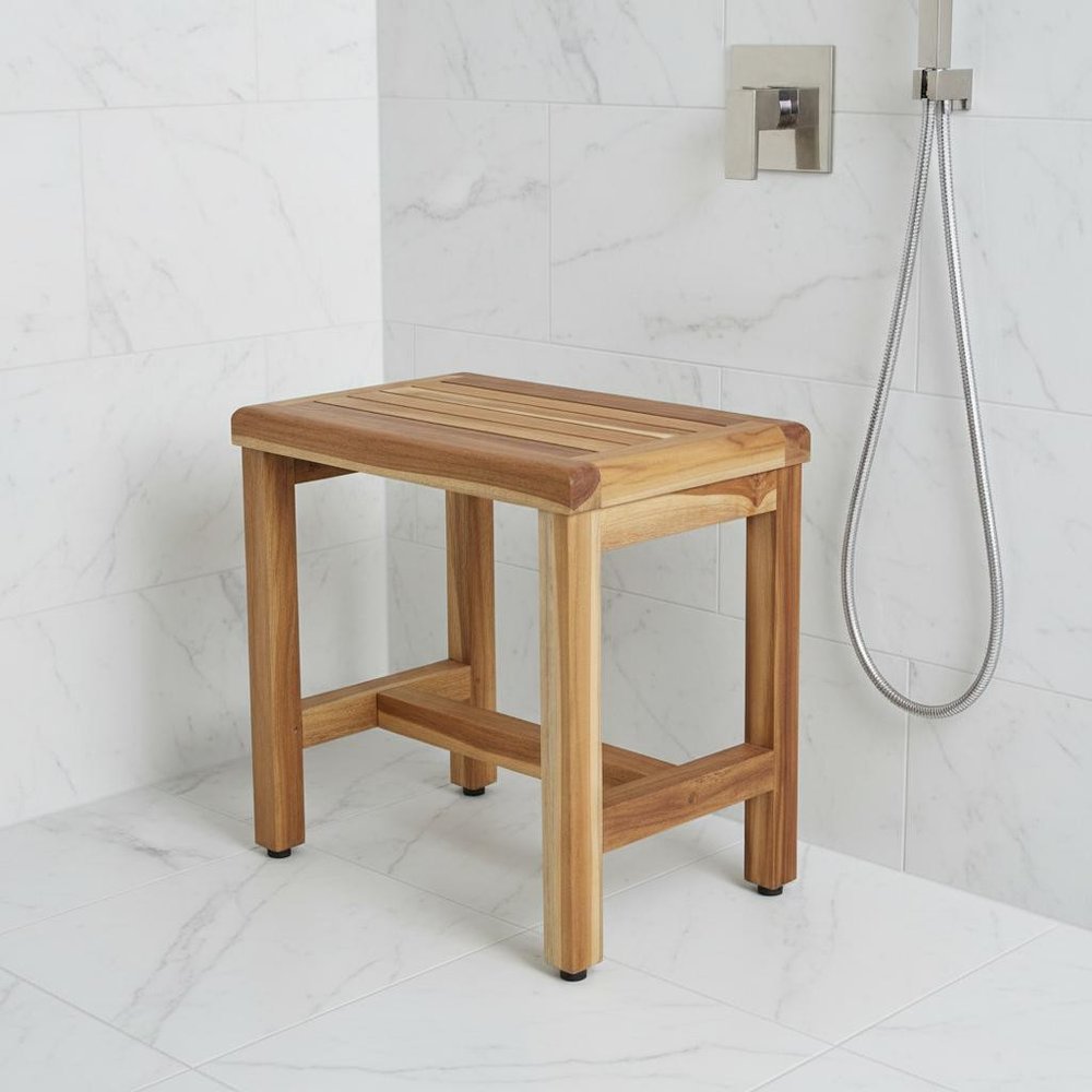 Compact Rectangular Teak Shower Or Outdoor Bench In Natural Finish