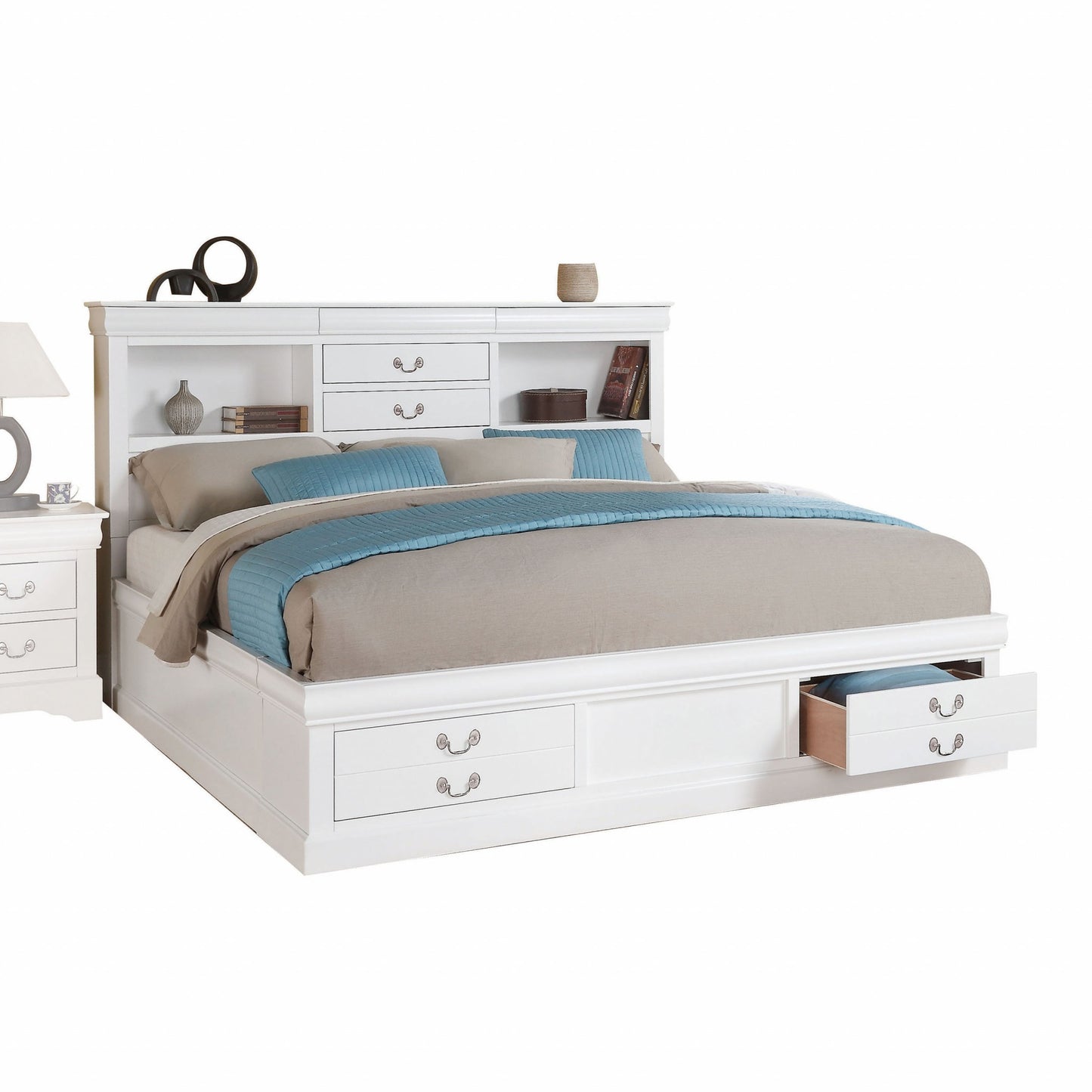 White Wood Queen Bed Frame With Four Drawers