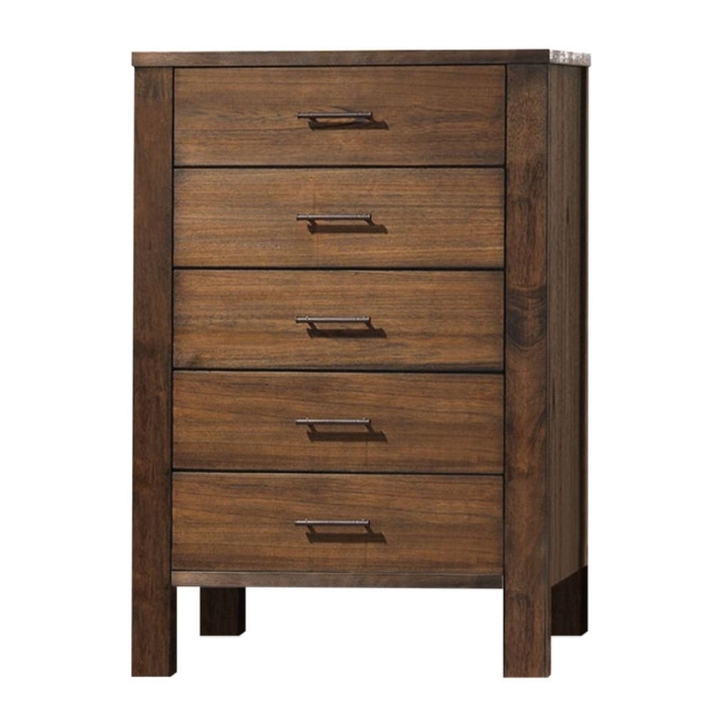 34" Brown Solid Wood Five Drawer Dresser