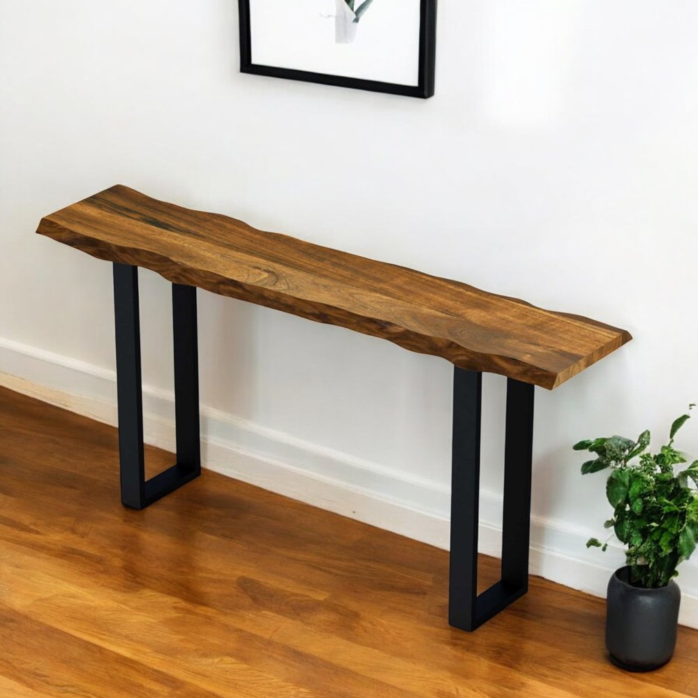 69" Brown and Black Solid Wood Distressed Sled Console Table