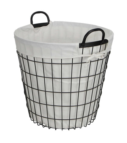 White Fabric Lined Metal Laundry Type Basket With Handle