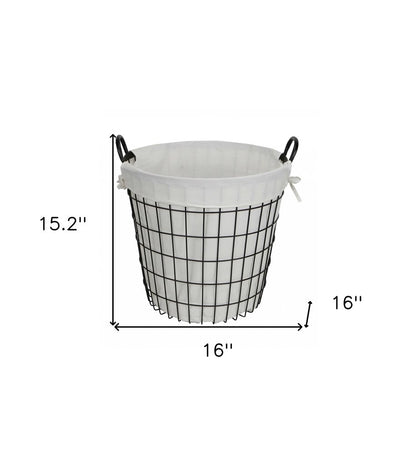 White Fabric Lined Metal Laundry Type Basket With Handle