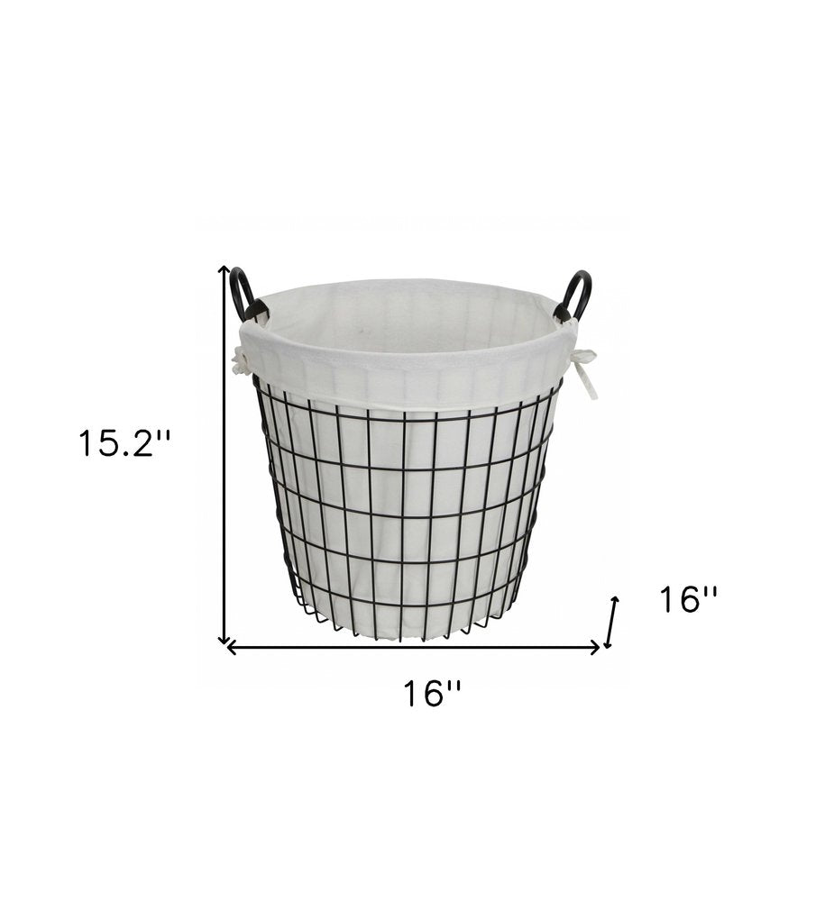 White Fabric Lined Metal Laundry Type Basket With Handle