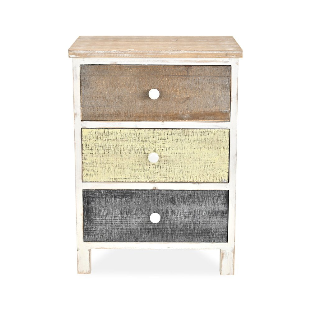 19" White Gray and Natural Distressed Accent Cabinet With Three Drawers