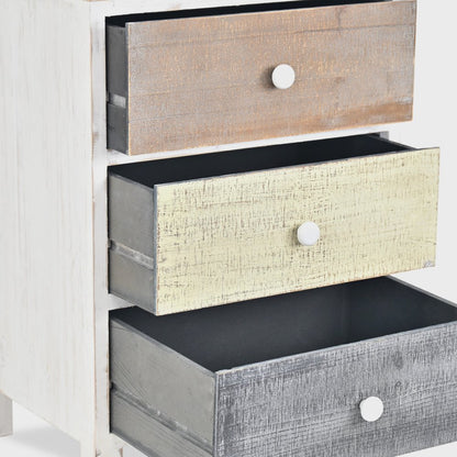 19" White Gray and Natural Distressed Accent Cabinet With Three Drawers