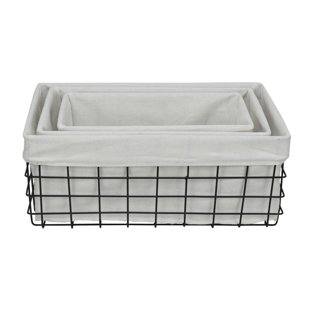 Set Of 3 Rectangular White Fabric Lined Metal Wire Baskets