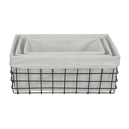 Set Of 3 Rectangular White Fabric Lined Metal Wire Baskets