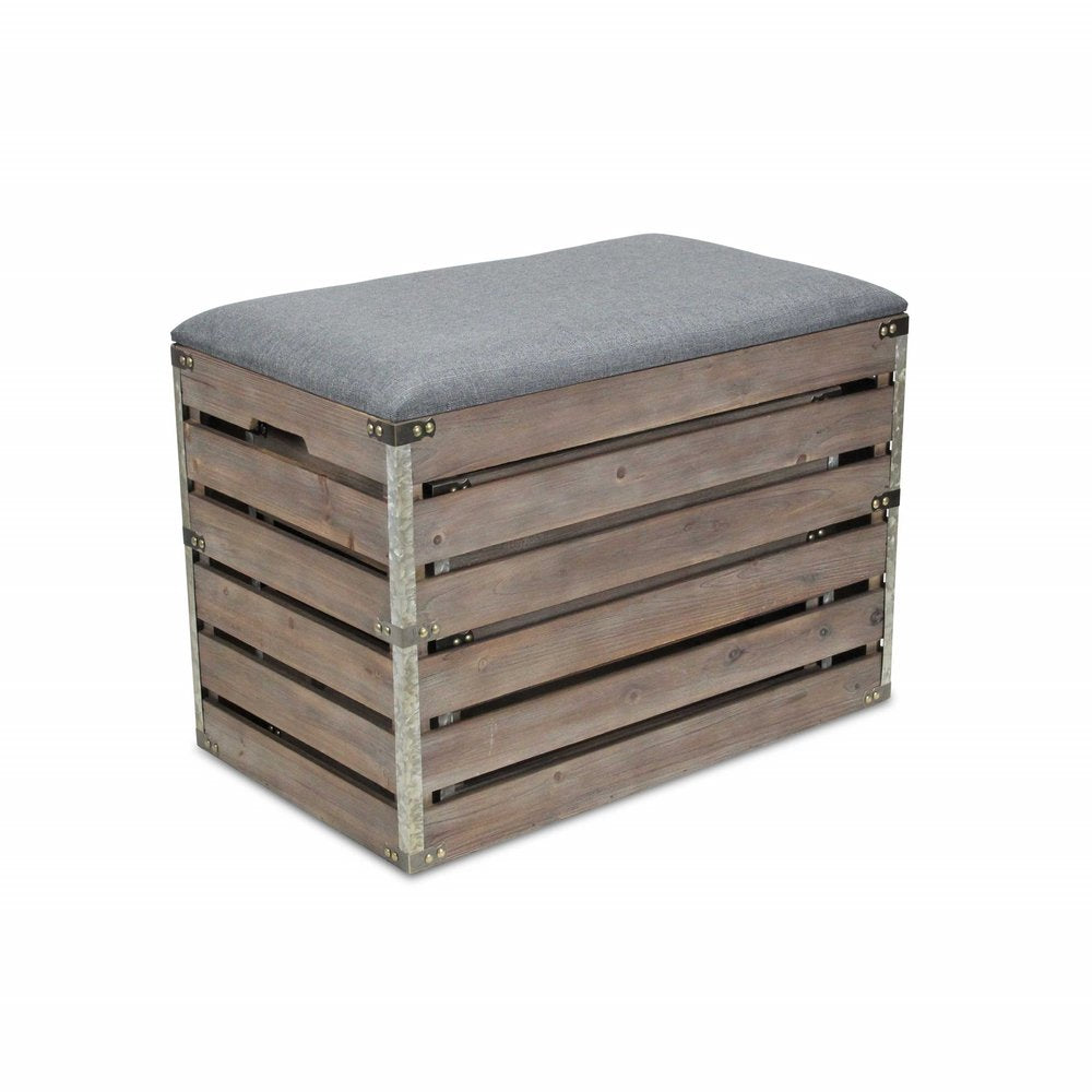 24" Gray and Brown Linen Upholstered Storage Bench with Flip Top