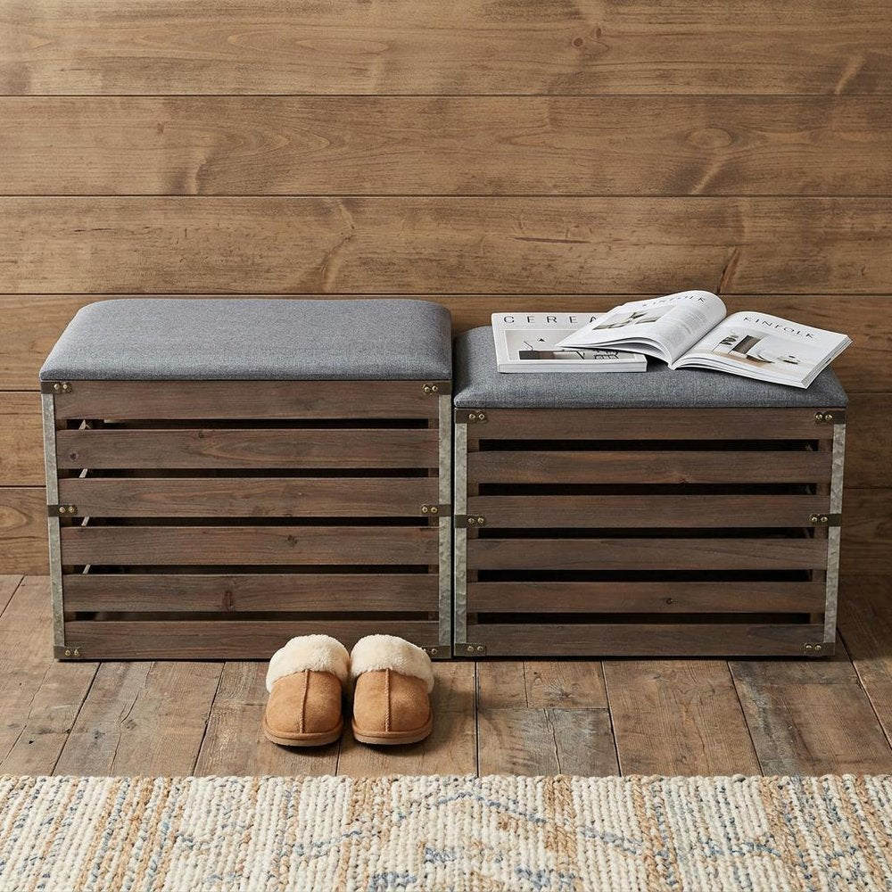 Set of Two 24" Gray Linen Upholstered Storage Entryway Stool With Flip Top
