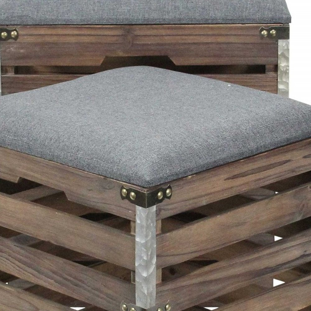 Set of Two 16" Gray Linen Upholstered Storage Square Entryway Stool With Flip Top