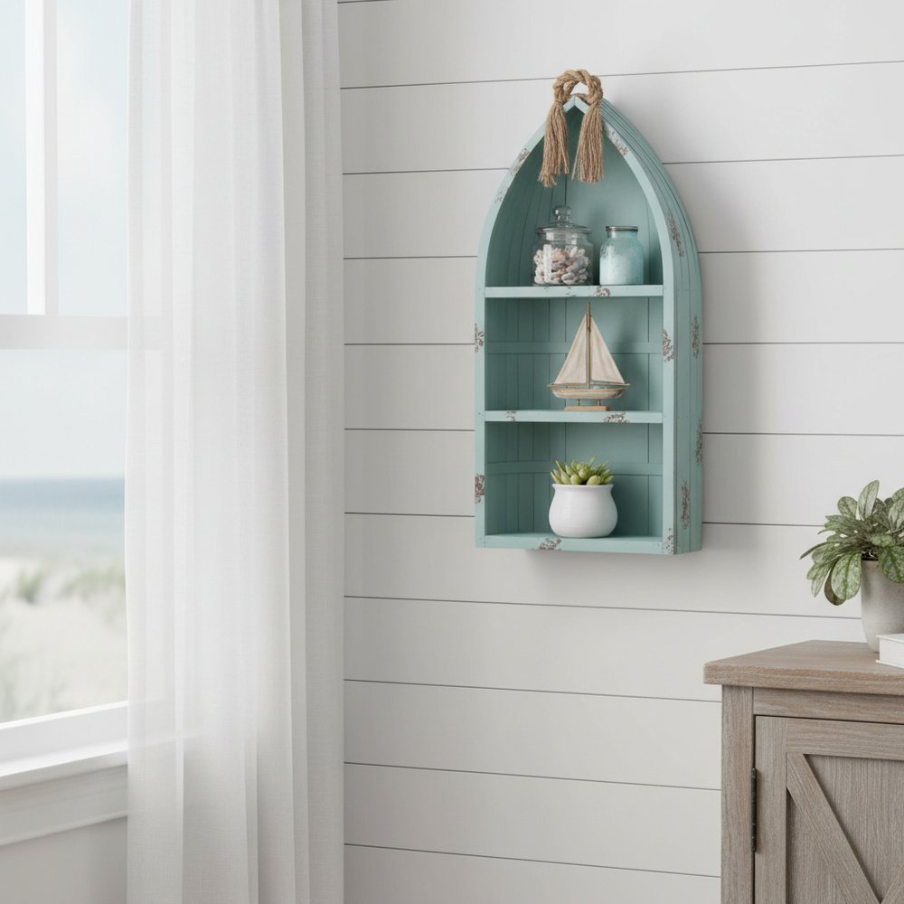 34" Aqua Blue Wood Canoe Hanging Shelf