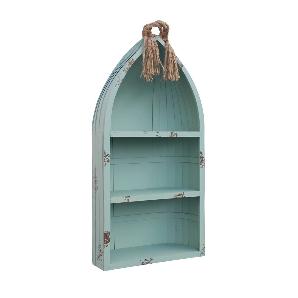 34" Aqua Blue Wood Canoe Hanging Shelf
