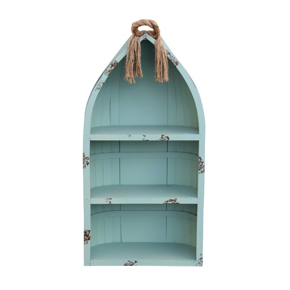 34" Aqua Blue Wood Canoe Hanging Shelf