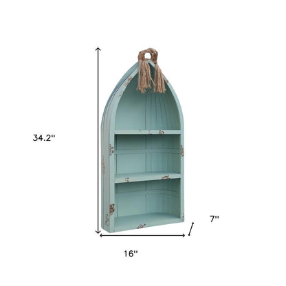 34" Aqua Blue Wood Canoe Hanging Shelf