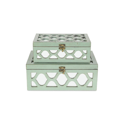 Set of Two Blue Mirrored Glass And Wood Box With Lid