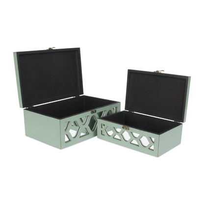 Set of Two Blue Mirrored Glass And Wood Box With Lid