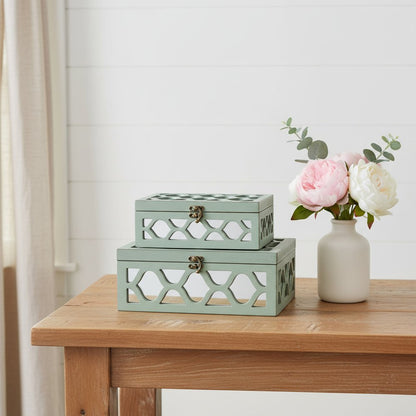 Set of Two Blue Mirrored Glass And Wood Box With Lid