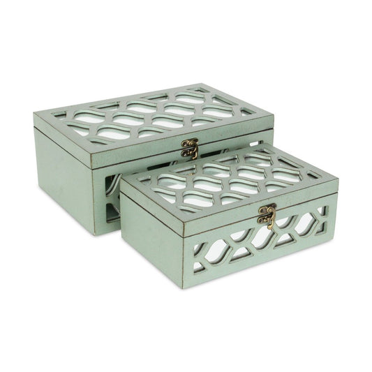 Set of Two Blue Mirrored Glass And Wood Box With Lid