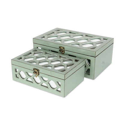 Set of Two Blue Mirrored Glass And Wood Box With Lid