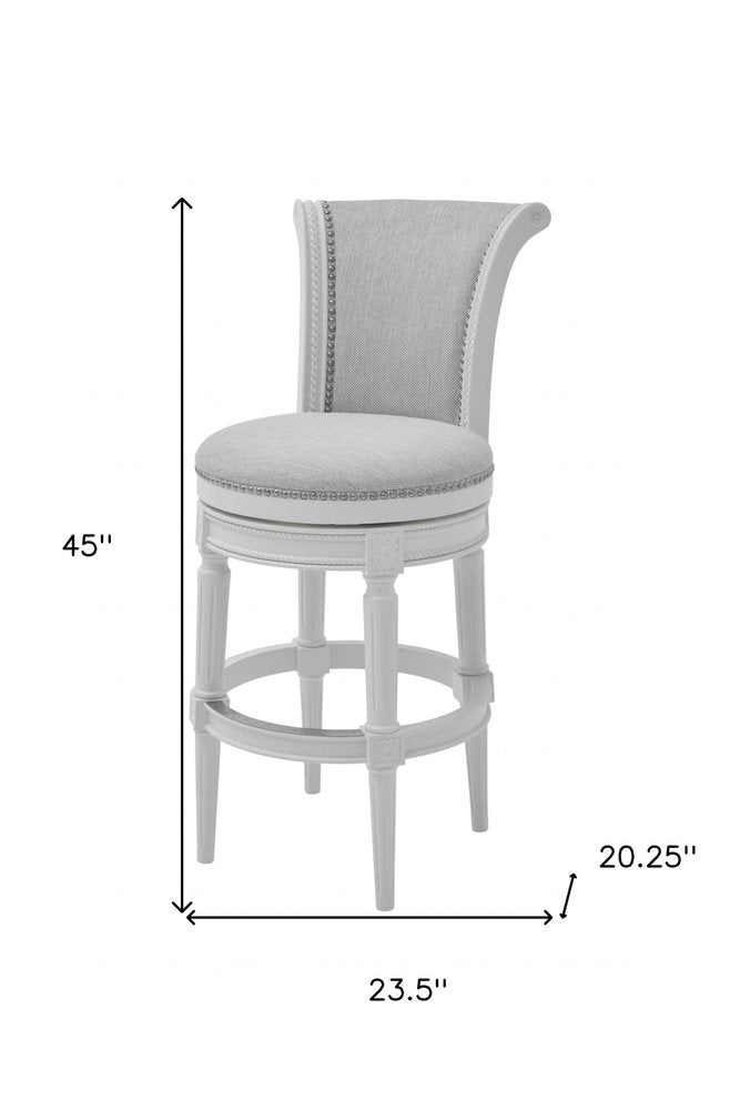 31" Light Gray And White Linen And Solid Wood Swivel Bar Chair